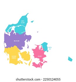 Denmark political map of administrative divisions - regions. Colorful vector map with labels.