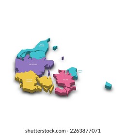 Denmark political map of administrative divisions - regions. Colorful 3D vector map with dropped shadow and country name labels.