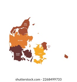 Denmark political map of administrative divisions - regions. Flat vector map with name labels. Brown - orange color scheme.