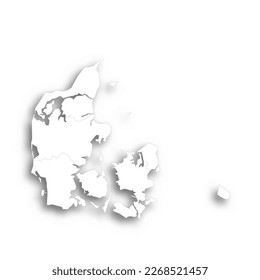 Denmark political map of administrative divisions - regions. Flat white blank map with thin black outline and dropped shadow.