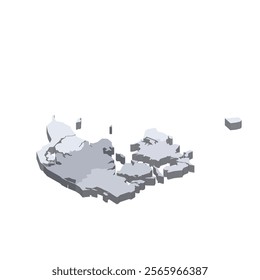 Denmark political map of administrative divisions - regions. 3D isometric blank vector map in shades of grey.