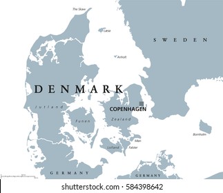 Denmark political map with capital Copenhagen and neighbor countries. Kingdom, Scandinavian and Nordic country in Europe. Gray illustration with English labeling on white background. Vector.