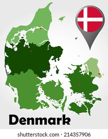 Denmark political map with green shades and map pointer.