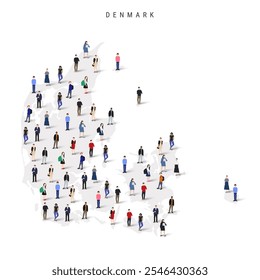 Denmark population map. Large group of realistic a diverse crowd of people figures in a shape of Danish map. Flat vector illustration isolated on white.