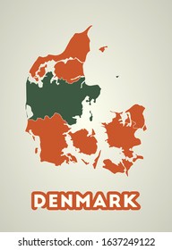 Denmark poster in retro style. Map of the country with regions in autumn color palette. Shape of Denmark with country name. Attractive vector illustration.