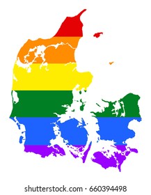 Denmark pride gay vector map with rainbow flag colors. Europe country. EU state. 