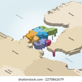 Denmark provinces isometric map colored by regions with largest cities on it. Neighbouring countries on background