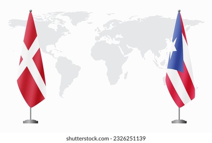 Denmark and Puerto Rico flags for official meeting against background of world map.