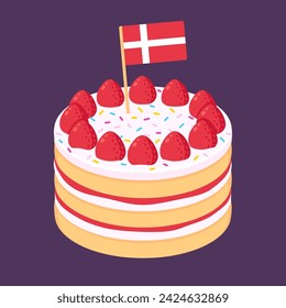 Denmark Queen's Birthday celebration, birthday cake with Danish flag. Cartoon vector illustration.