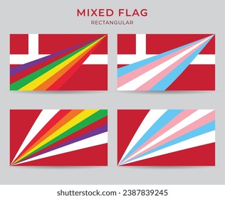 Denmark, Rainbow and Transgender  Pride Mixed Flags. Combined Flag Design Vector.