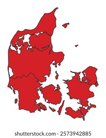 Denmark red map with border of regions outline vector