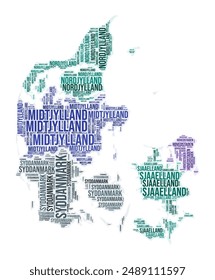 In: Denmark region word cloud. Country-Shape-Design. Dänemark farbige Illustration. Region benennt Collage Cloud. Vektorillustration.