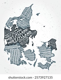 Denmark regions word clouds. Country shape on textured background. Denmark design in typographic style. Beautiful vector illustration.