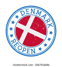 Denmark Reopening Stamp. Round badge of the country with the flag of Denmark. Reopening after lockdown sign. Vector illustration.