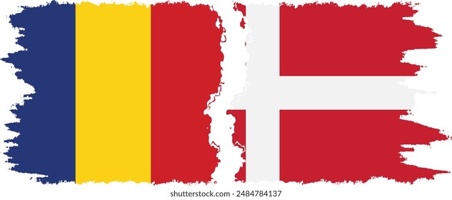 Denmark and Romania grunge flags connection, vector