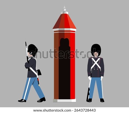 Denmark Royal Guards standing near Sentry Box. Amalienborg Palace, Copenhagen, Denmak. Isolated vector objects