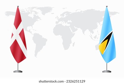 Denmark and Saint Lucia flags for official meeting against background of world map.