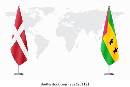 Denmark and Sao Tome and Principe flags for official meeting against background of world map.