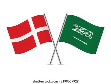 Denmark and Saudi Arabia crossed flags. Danish and Saudi Arabian flags on white background. Vector icon set. Vector illustration.