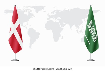 Denmark and Saudi Arabia flags for official meeting against background of world map.