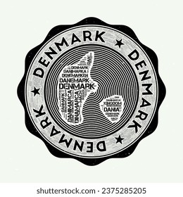 Denmark seal. Country round logo with shape of Denmark and country name in multiple languages wordcloud. Awesome emblem. Artistic vector illustration.