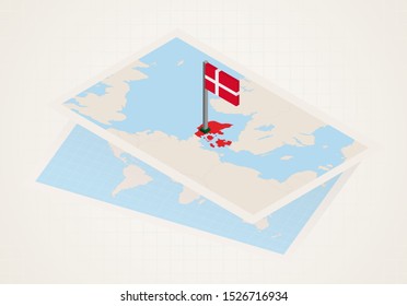 Denmark selected on map with isometric flag of Denmark. Vector paper map.