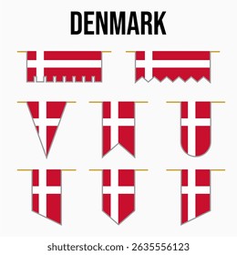denmark set of country flags with their own distinctive colors and symbols, symbolizing pride, with medieval and royal theme style, war, conflict, warriors, both vertical and horizontal. Danes