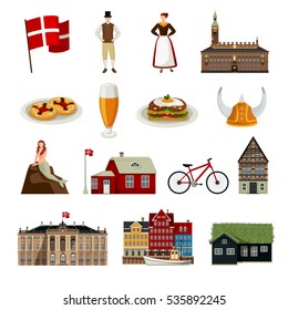 Denmark set of icons in flat style with architecture national flag clothing and  cuisine isolated vector illustration  