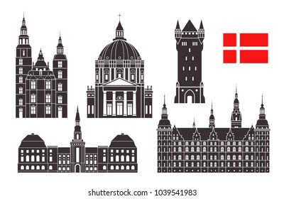 Dänemark festgelegt. Einzeln dänische Architektur auf weißem Hintergrund. EPS10. Vektorillustration