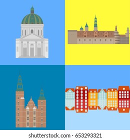 Denmark set of landmark icons in flat style. Copenhagen City sights. Danish architecture design elements