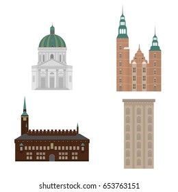 Denmark set of landmark icons in flat style. Copenhagen City sights. Danish architecture design elements