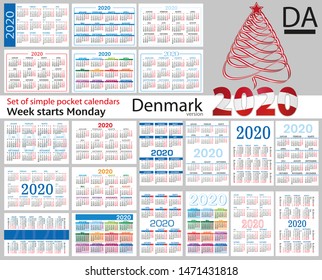 Denmark set of pocket calendars for 2020 (Two thousand nineteen). Week starts Monday. New year. Color simple design. Vector