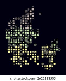 Denmark, shape of the country built of colored cells. Digital style map of Denmark on dark background. Large size rounded square blocks. Creative vector illustration.
