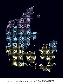 Denmark, shape of the country built of colored cells. Digital style map of Denmark on a dark background. Small size square blocks. Creative vector illustration.