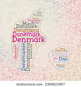 Denmark shape with country names word cloud in multiple languages. Denmark border map on appealing triangles scattered around. Captivating vector illustration.