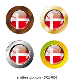 Denmark shiny buttons flag with metal ring vector illustration. Isolated abstract object against white background.