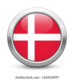 Denmark - shiny metallic button with national flag. Danish symbol isolated on white background. Vector EPS10