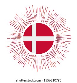 Denmark sign. Country flag with colorful rays. Radiant sunburst with Denmark flag. Vector illustration.