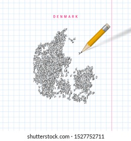 Denmark sketch scribble map drawn on checkered school notebook paper background. Hand drawn vector map of Denmark. Realistic 3D pencil with rubber.