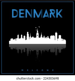 Denmark, skyline silhouette vector design on parliament blue and black background.