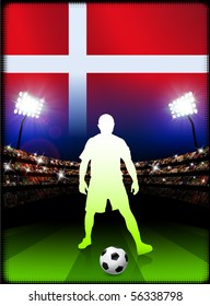 Denmark Soccer Player with Flag on Stadium Background Original Illustration