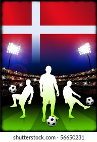 Denmark Soccer Player with Flag on Stadium Background Original Illustration