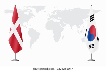Denmark and South Korea flags for official meeting against background of world map.