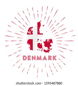 Denmark sunburst badge. The country sign with map of Denmark with Danish flag. Colorful rays around the logo. Vector illustration.