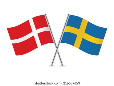 Denmark and Sweden crossed flags. Danish and Swedish flags on white background. Vector icon set. Vector illustration.