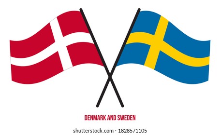 Denmark and Sweden Flags Crossed And Waving Flat Style. Official Proportion. Correct Colors.