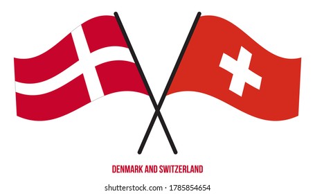 Denmark and Switzerland Flags Crossed And Waving Flat Style. Official Proportion. Correct Colors.