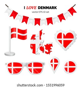 Denmark symbols attributes. Heart, flags, glasses, buttons and garlands with civil and state Denmark colors. Vector illustration for your graphic design.