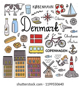 Denmark symbols and cute icons illustrations. Hand drawn Denmark and Copenhagen objects outline color drawings. Travel elements collection