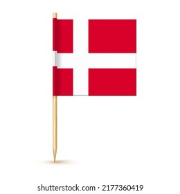 Denmark toothpick flag isolated on wood stick with white paper. Realistic little tooth pick for lunch. Vector cocktail decoration.